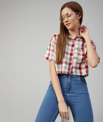 Chimpaaanzee Women Viscose Multicolor Checkered Crop Shirt