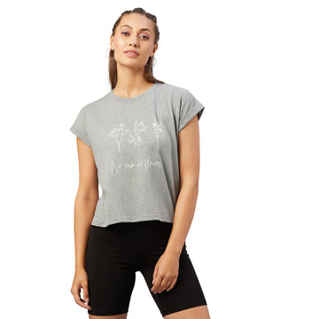 Chimpaaanzee Women Grey Folded Sleeve Round Neck T-shirt