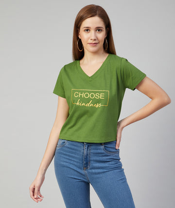 Chimpaaanzee Women Green V Neck Cotton Crop T-shirt