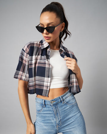 Chimpaaanzee Women Navy & Pink Checks Half Sleeve Crop Shirt