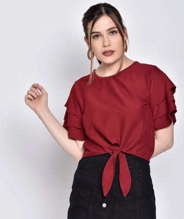 Chimpaaanzee Women Knotted Bell Sleeve Maroon Crop Top