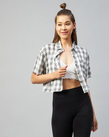 Chimpaaanzee Women Viscose White & Black Checkered Half Sleeve Crop Shirt