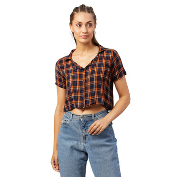 Chimpaaanzee Women Orange and Navy Checkered Viscose Crop Shirt