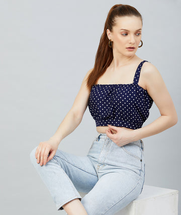 Chimpaaanzee Women Navy Polka Doted Crepe Strapped Crop Top