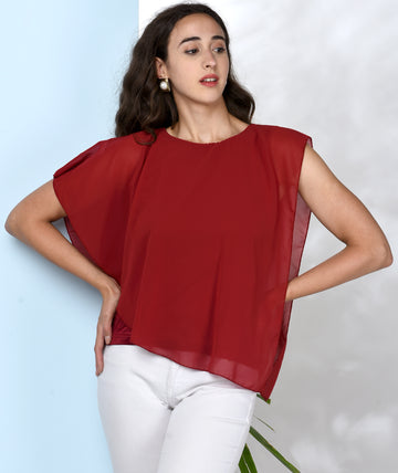 Chimpaaanzee Women Maroon Georgette Assymetrical Top