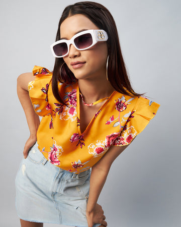 Chimpaaanzee Women Crepe Yellow Flower Printed Ruffled Top