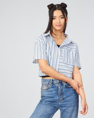 Chimpaaanzee Women Viscose Blue & White Striped Short Sleeve Crop Shirt