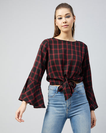 Chimpaaanzee Women Viscose Black and Red Bell Sleeve Knotted Crop Top