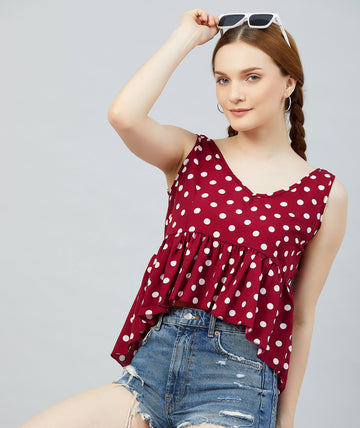 Chimpaaanzee Women Maroon Polka Doted Crepe Assymetrical Top