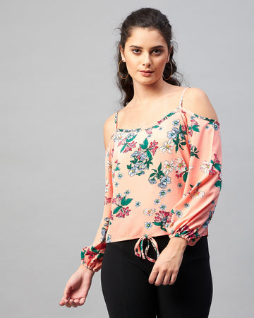 Chimpaaanzee Women Peach Flower Printed Cold shoulder full sleeve Top