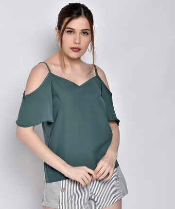 Chimpaaanzee Women Polyester Cold Shoulder Green Top