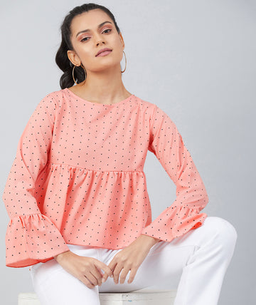 Chimpaaanzee women Peach Crepe Polka Doted Full Sleeve  Top