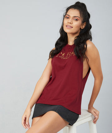 Chimpaaanzee Women Maroon Big Armhole Round Neck T-shirt