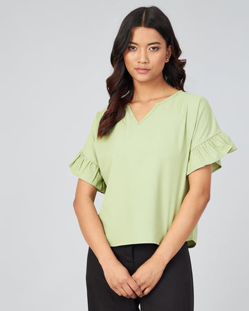 Chimpaaanzee Women  Green Solid V-Round Ruffled Sleeve Top