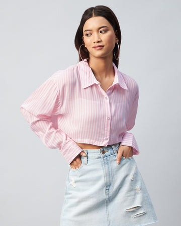 Chimpaaanzee Women Viscose Pink & White Striped Fully Cropped Shirt