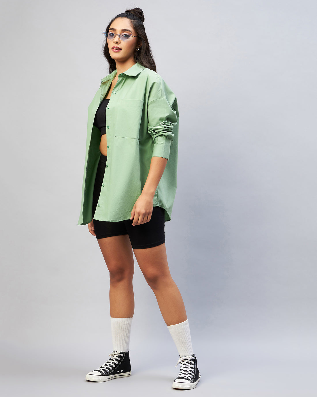 Chimpaaanzee Women Cotton Green Solid Oversize Fit Shirt