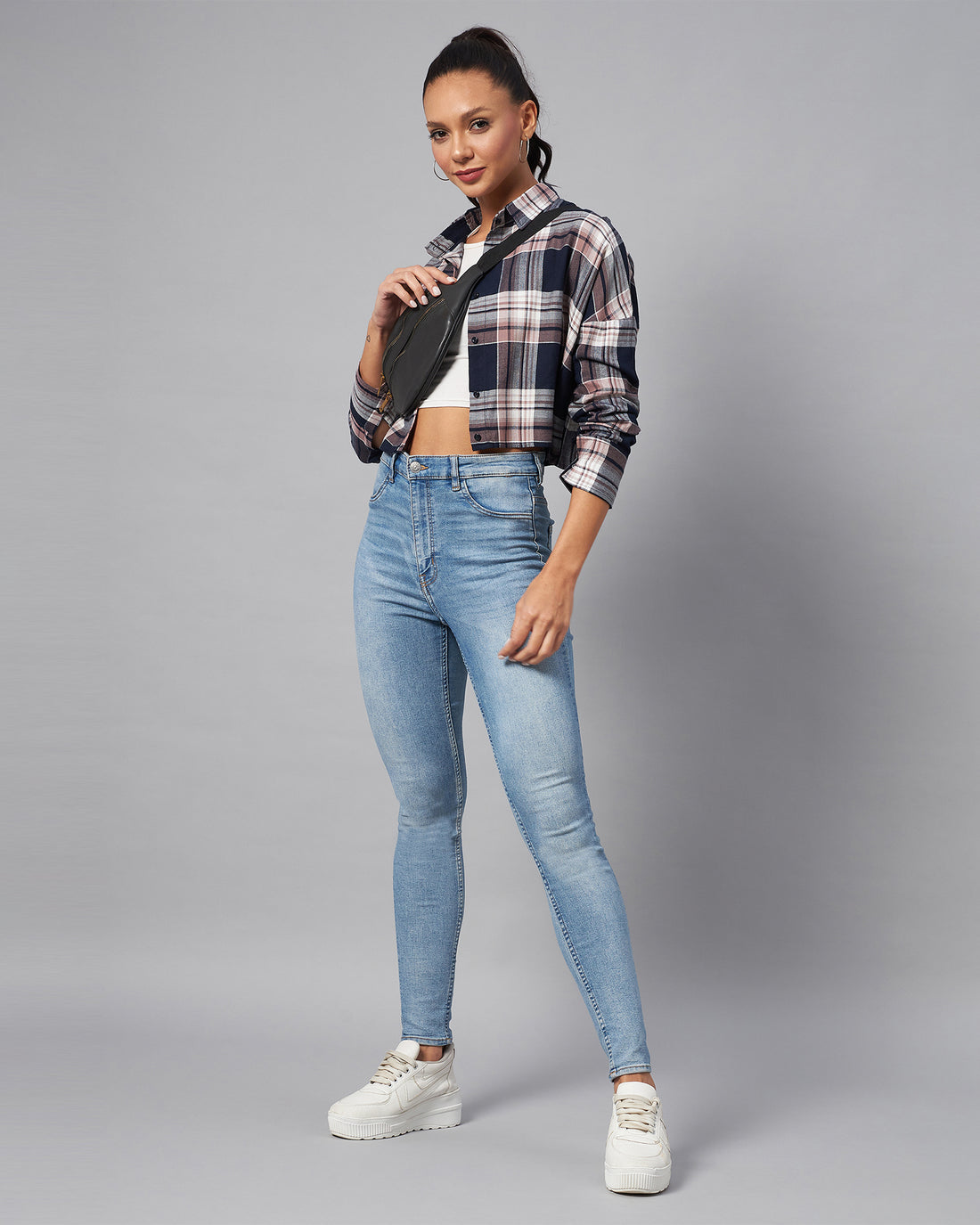 Chimpaaanzee Women Navy & Pink Checks Full Sleeve Drop Shoulder Crop Shirt