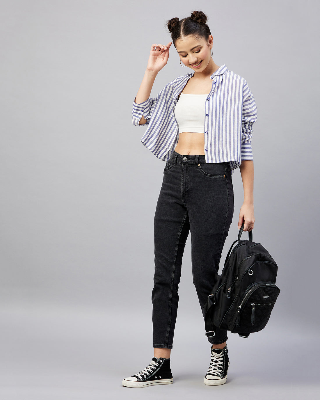 Chimpaaanzee Women Viscose Navy & White Striped Drop Shoulder Crop Shirt