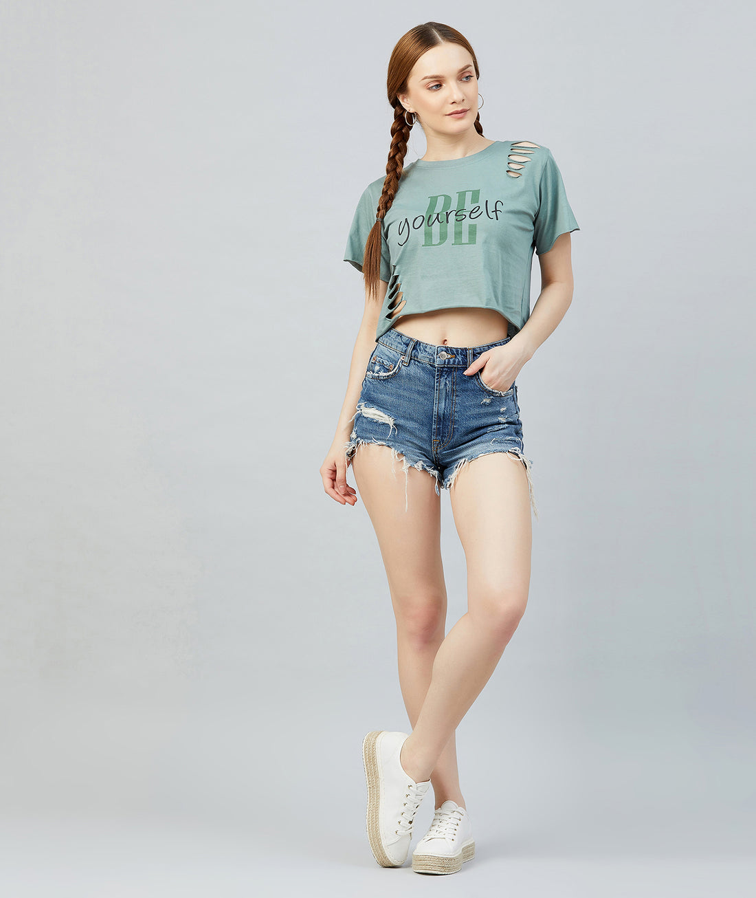 Chimpaaanzee Women Dusty Green Ribbed Style Crop T-shirt