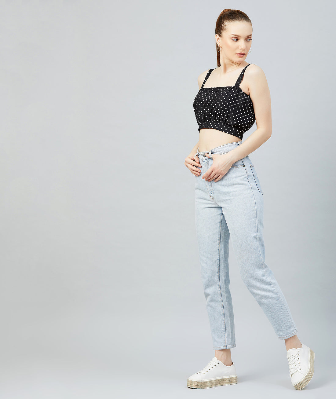 Chimpaaanzee Women Black Polka Doted Crepe Strapped Crop Top