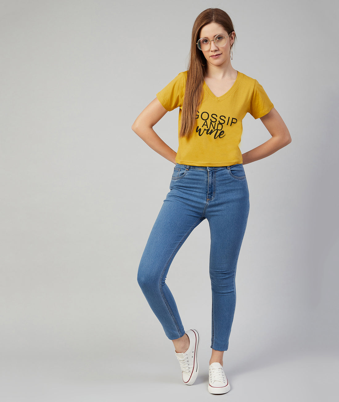 Chimpaaanzee Women Yellow V Neck Cotton Crop T-shirt