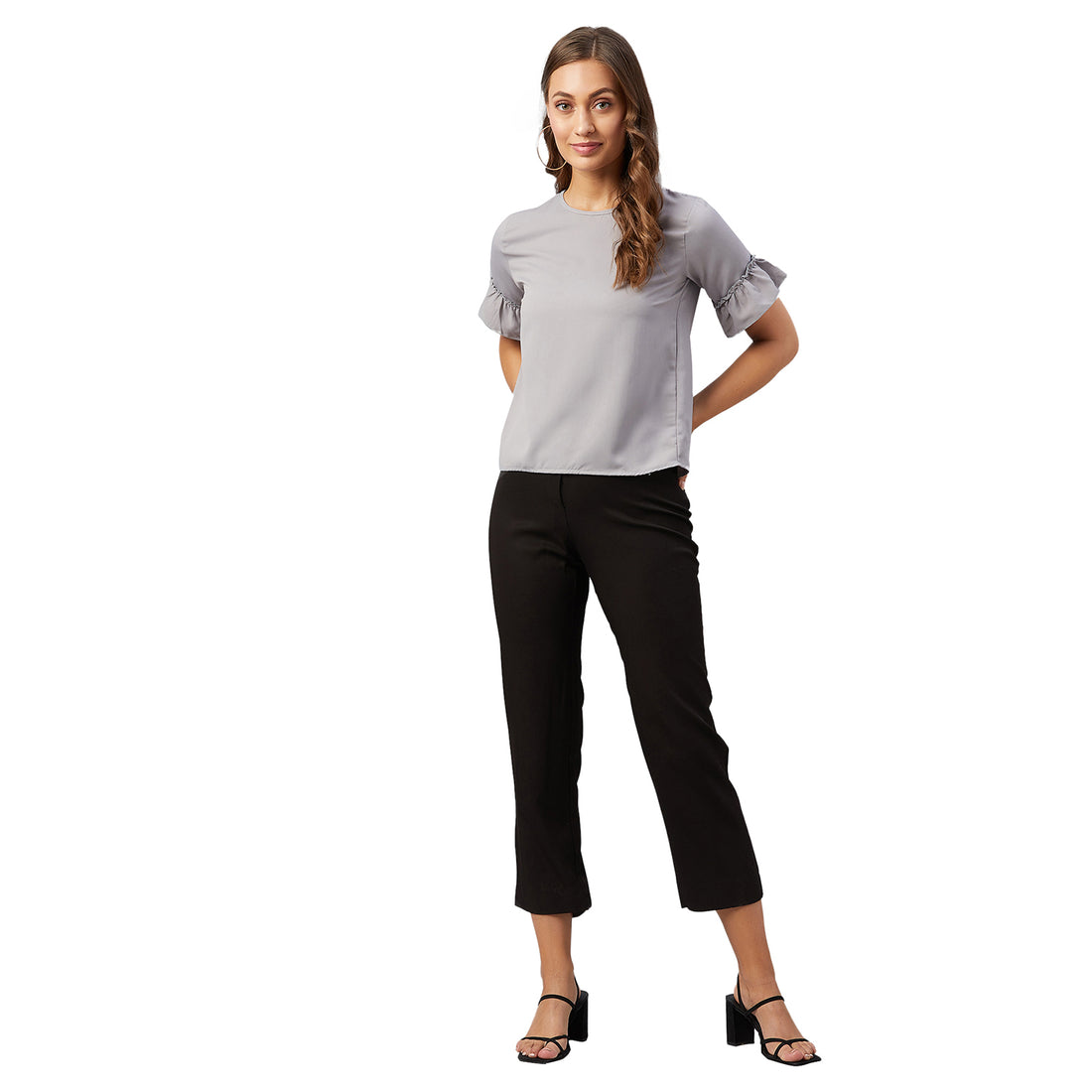 Chimpaaanzee Women Grey Solid Ruffled sleeve Top