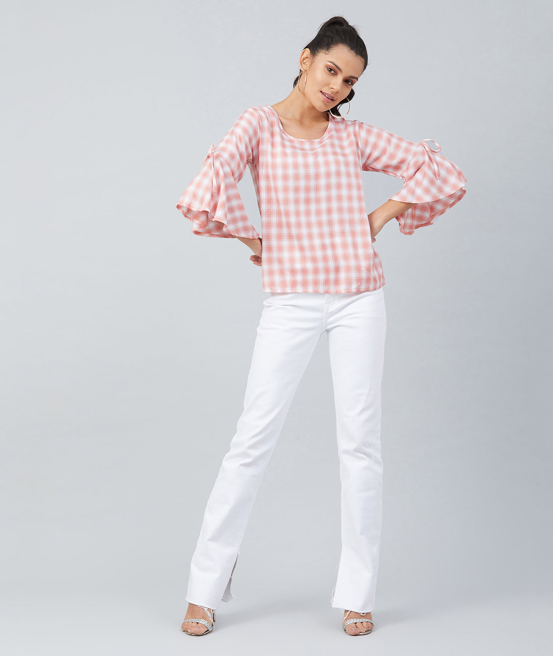 Chimpaaanzee Women Pink and White Checks Bell Knot Sleeve  top