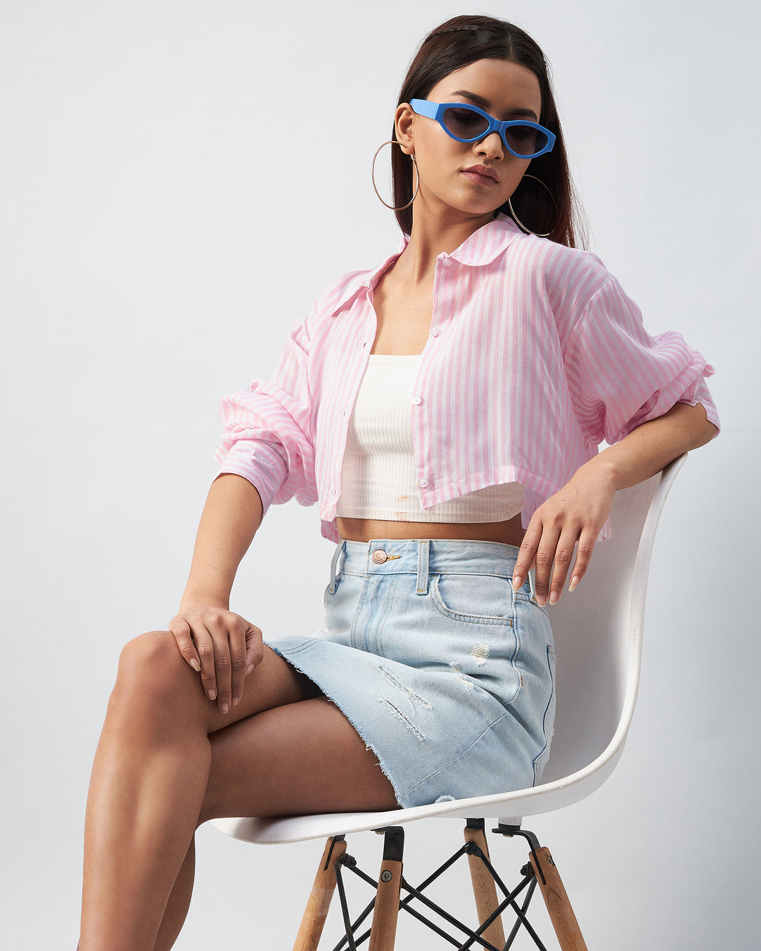 Chimpaaanzee Women Viscose Pink & White Striped Fully Cropped Shirt