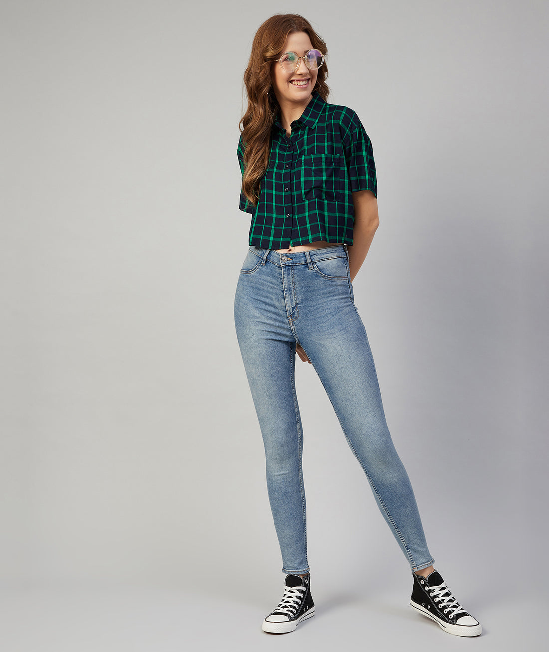 Chimpaaanzee Women Viscose Navy and Green Checkered Crop Shirt