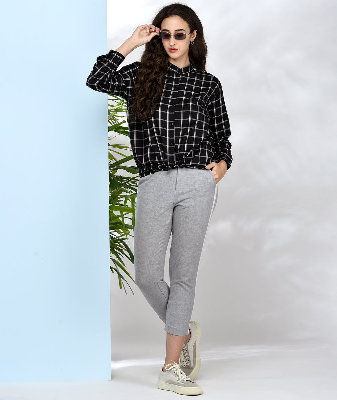 Chimpaaanzee Women Black and White Viscose Long Checkered Shirts