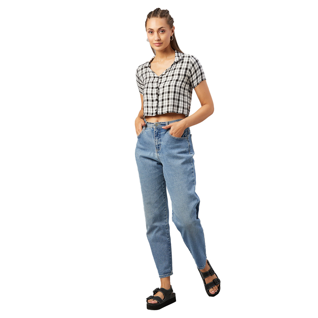 Chimpaaanzee Women Black and White Checkered Viscose Crop Shirt