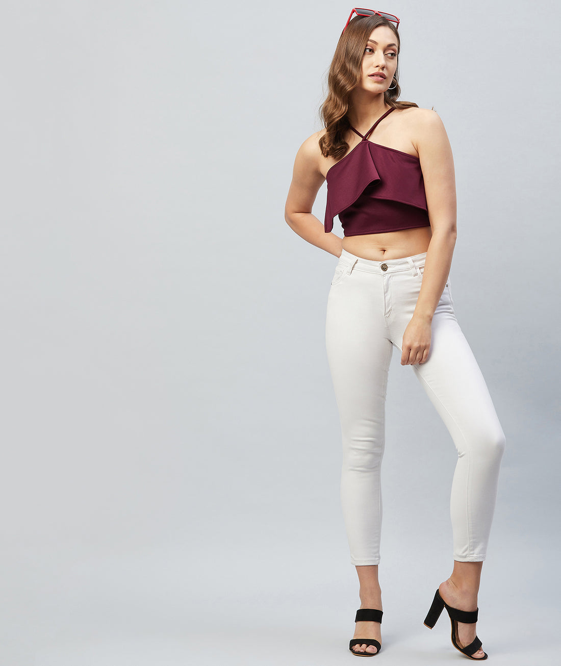 Chimpaaanzee Women Maroon Solid Ruffled Crop Top