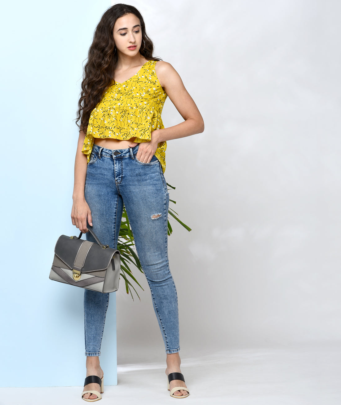 Chimpaaanzee Women Yellow Flower Printed Assymetrical Top