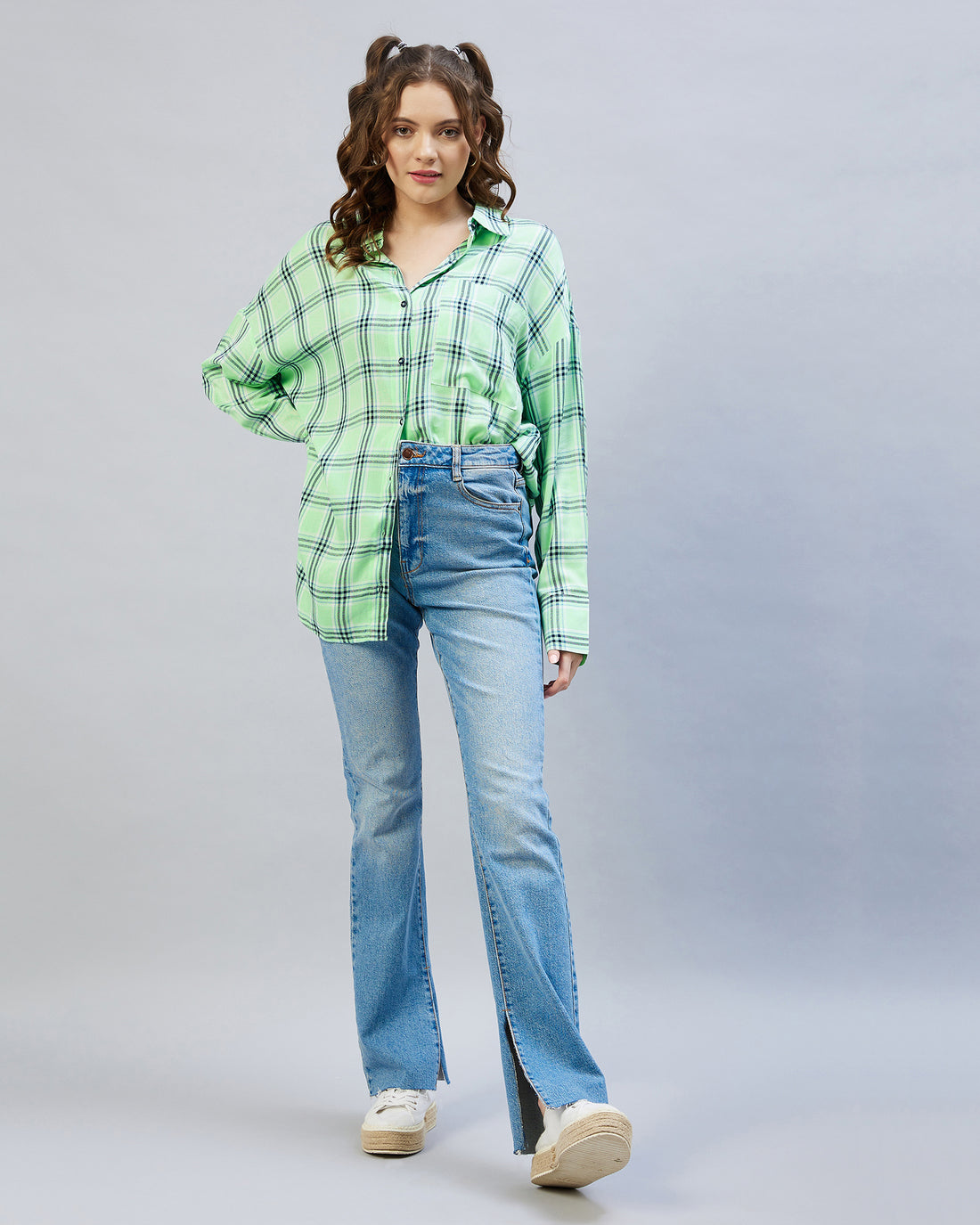 Chimpaaanzee Women Viscose Green & Navy Checkered Oversize Fit Shirt