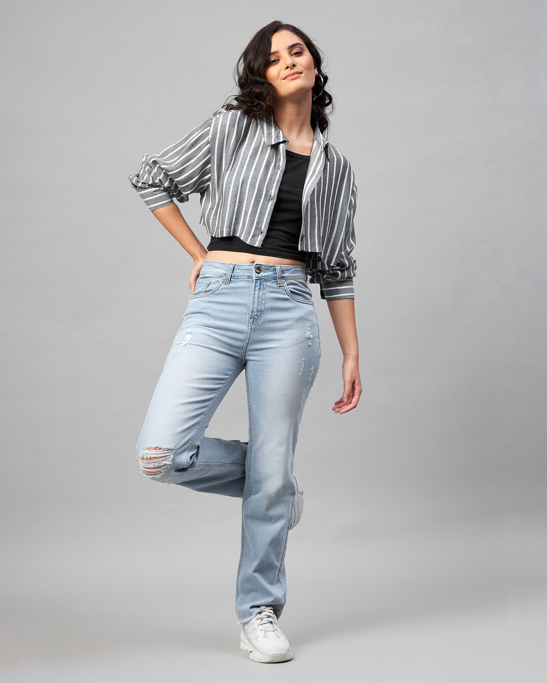 Chimpaaanzee Women Viscose Dark Grey Striped Fully Cropped Shirt