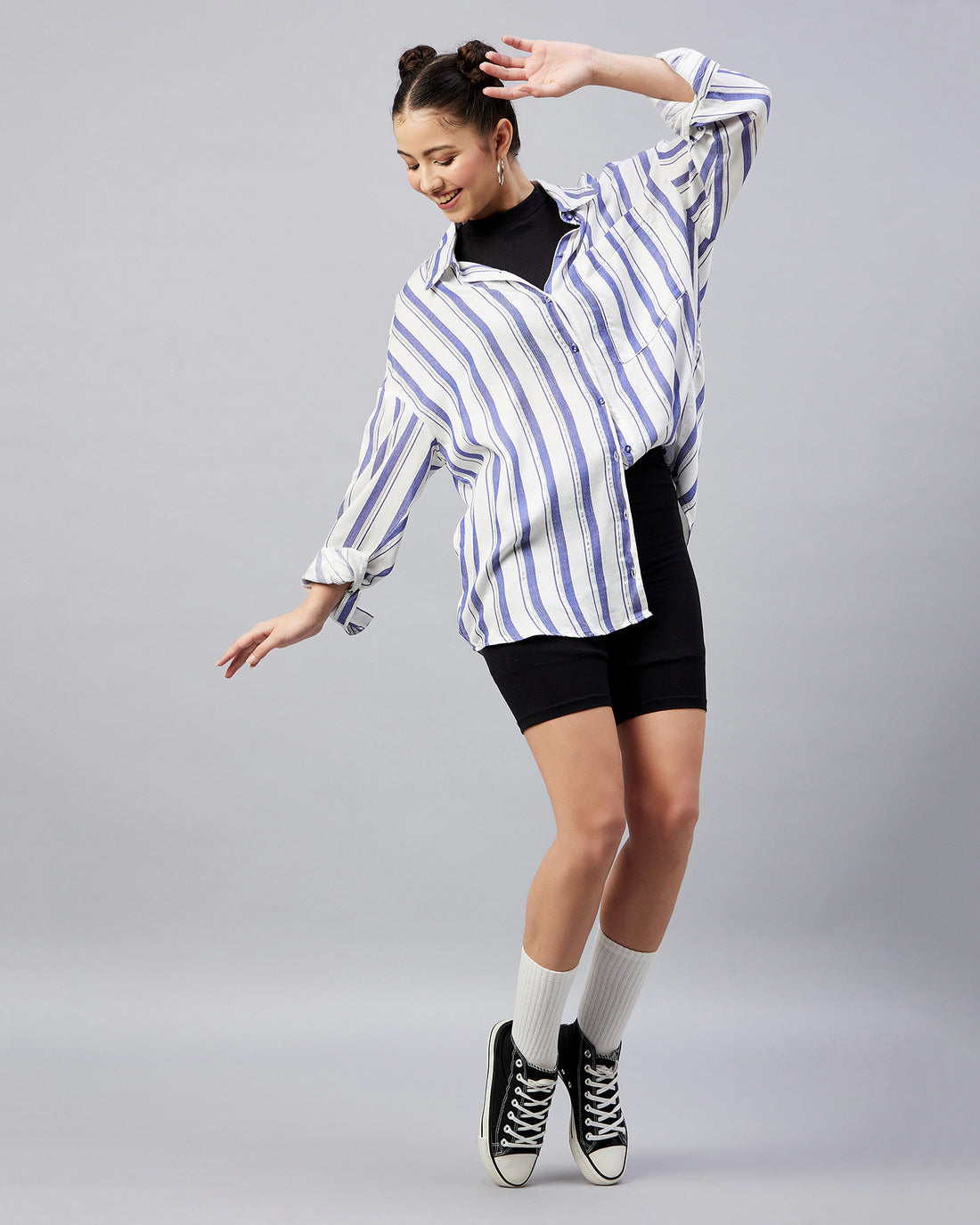 Chimpaaanzee Women Viscose Navy & White Striped Oversized Fit Shirt