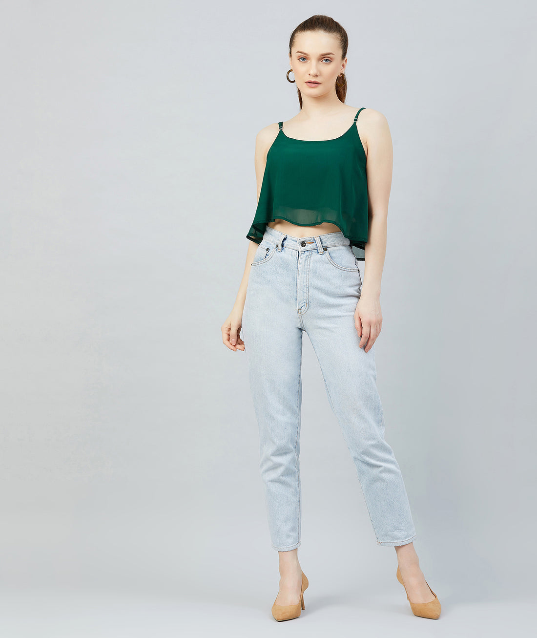 Chimpaaanzee Women Dark Green Georgette Noodle Strap Crop Top