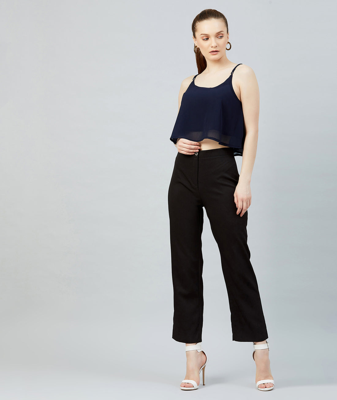 Chimpaaanzee Women Navy Georgette Noodle Strap Crop Top