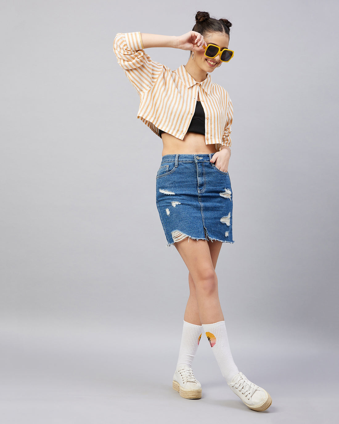 Chimpaaanzee Women Viscose Mustard & White Striped Fully crop Shirt