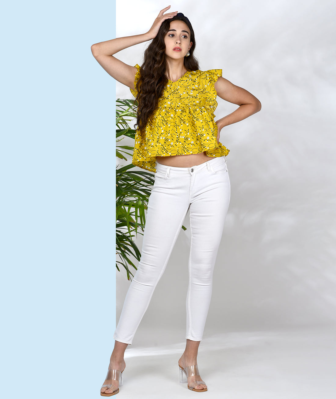 Chimpaaanzee Women Yellow Flower Printed Crepe Ruffled Top