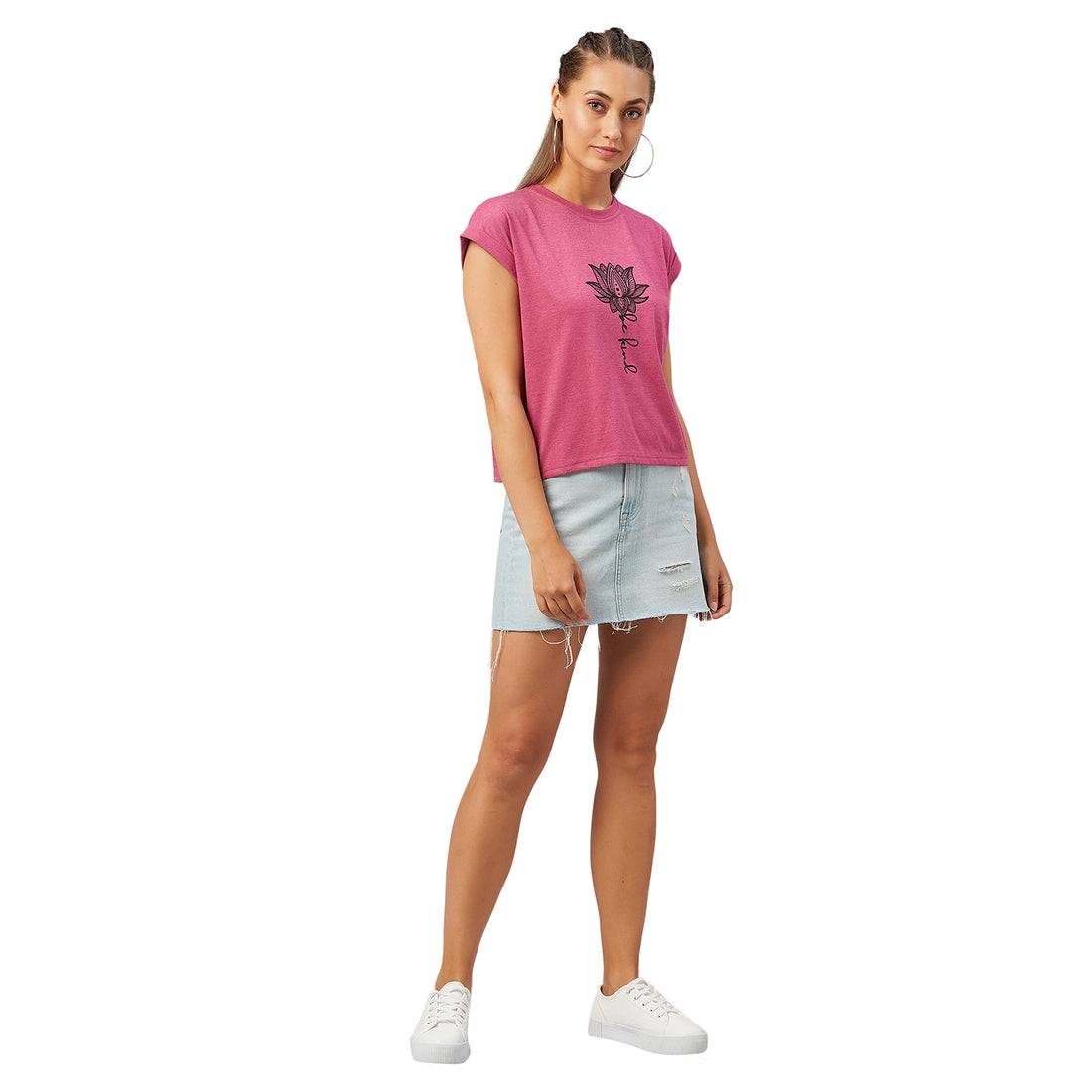 Chimpaaanzee Women Pink Folded Sleeve Round Neck T-shirt