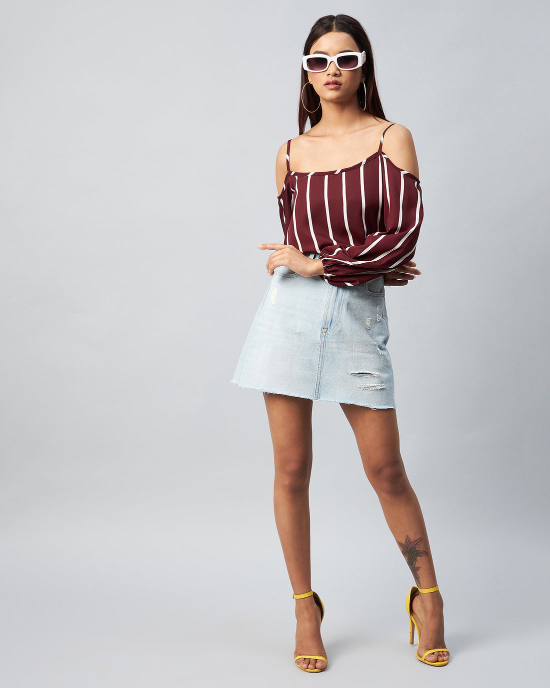 Chimpaaanzee Women Crepe Maroon & White Striped Cold Shoulder Top