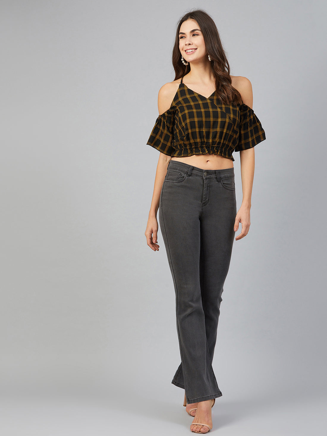 Chimpaaanzee Women Yellow Checks Cold Shoulder Crop Top