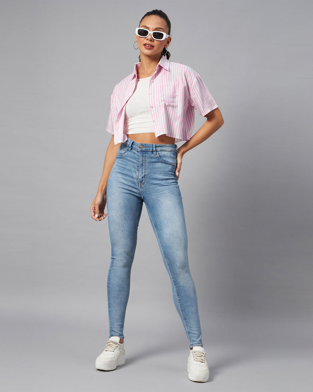 Chimpaaanzee Women Pink & White Stripe Half Sleeve Crop Shirt