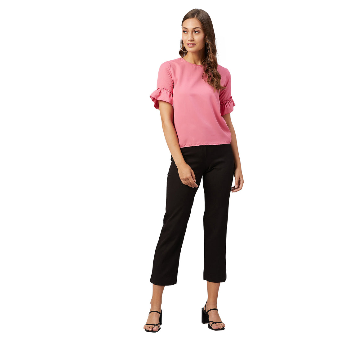 Chimpaaanzee Women Pink Solid Ruffled sleeve Top