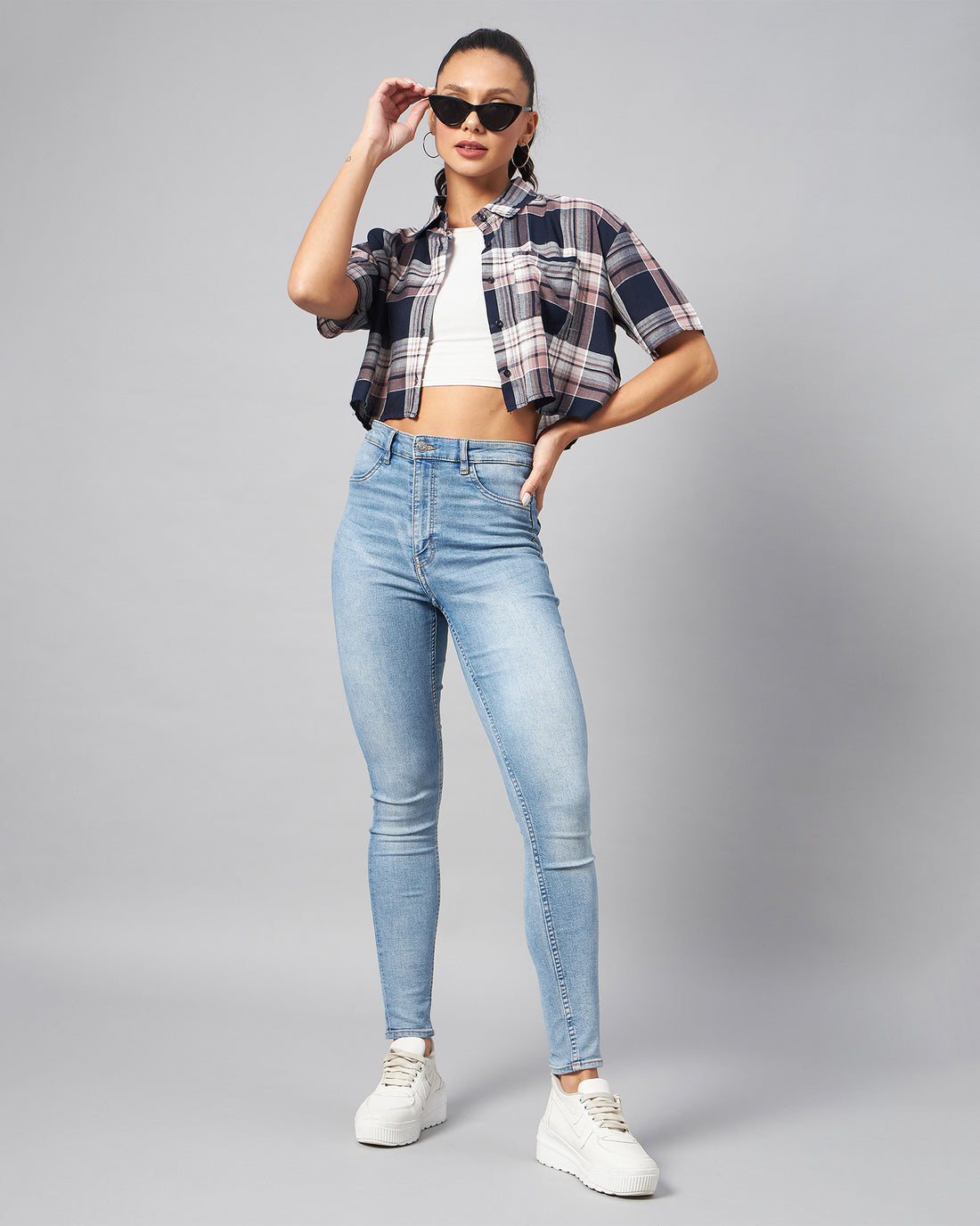 Chimpaaanzee Women Navy & Pink Checks Half Sleeve Crop Shirt