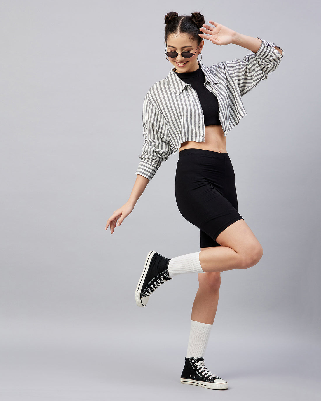 Chimpaaanzee Women Viscose Black & White Striped Fully Crop Shirt