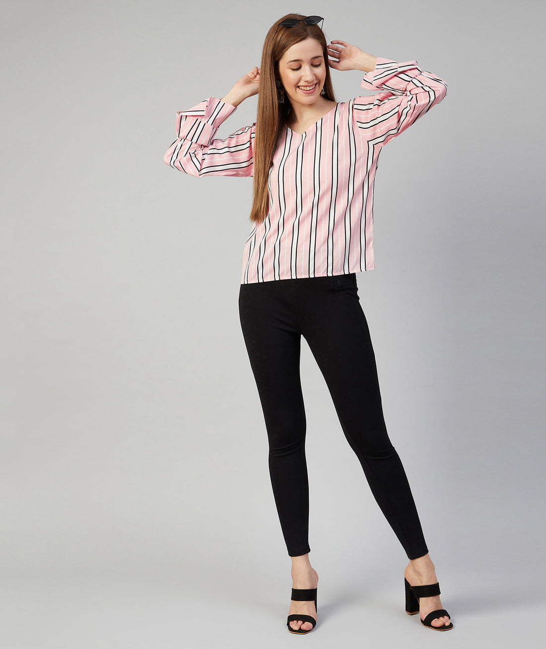 Chimpaaanzee Women Pink Striped V neck Ruffled Top