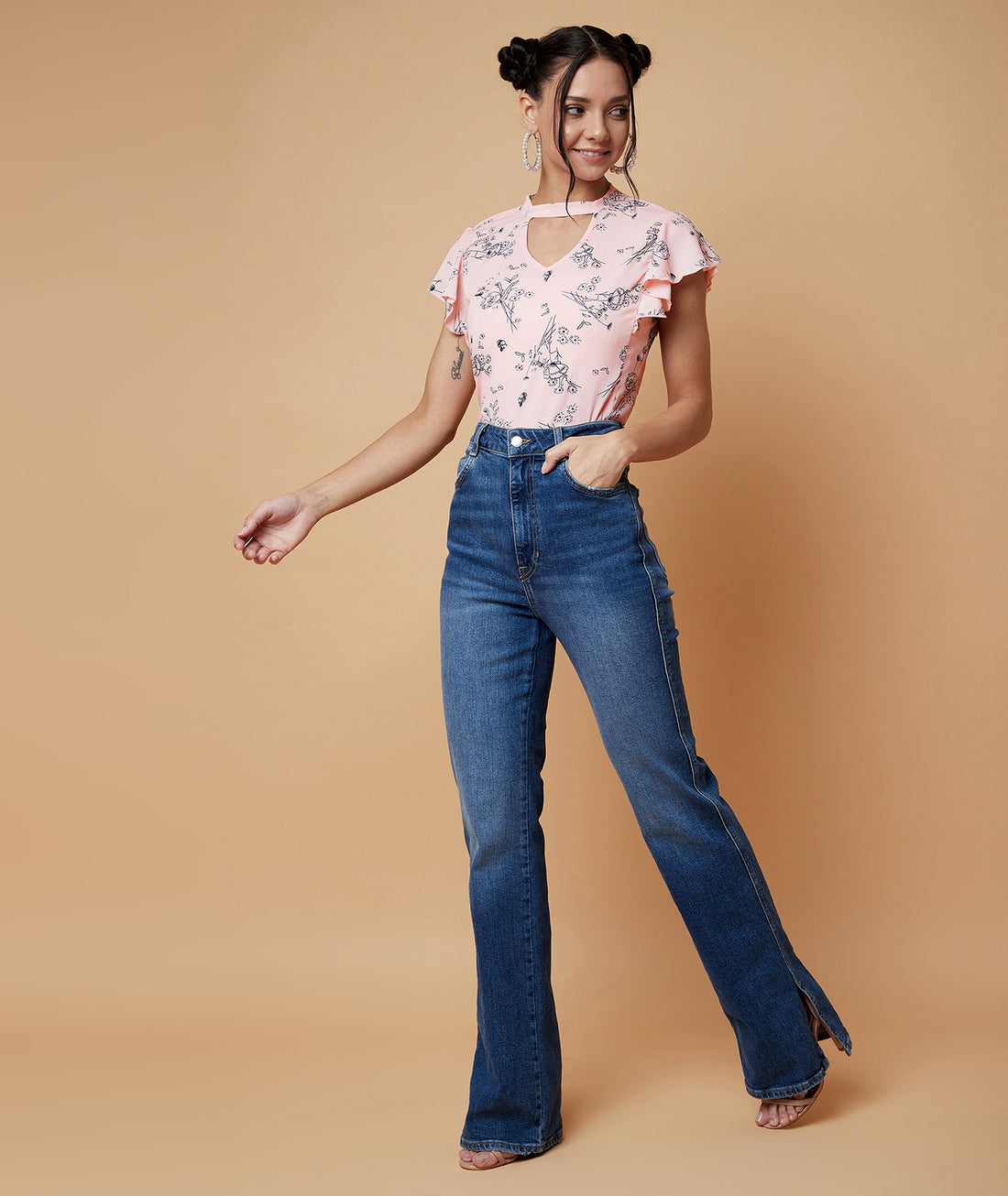 Chimpaaanzee Women Choker Neck Floral Print Top Peach