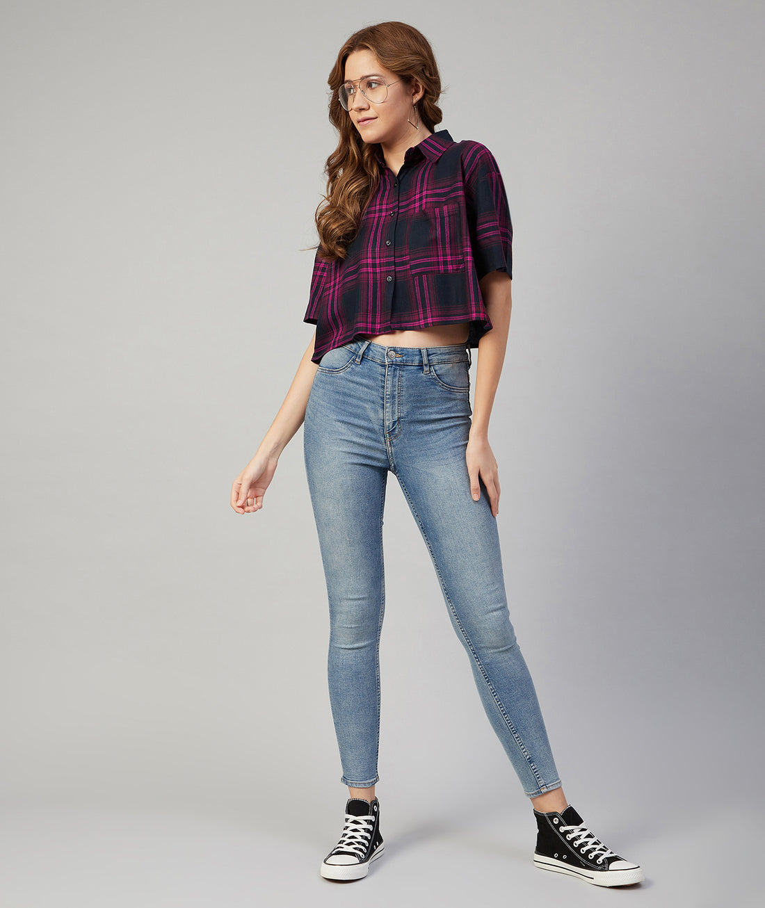 Chimpaaanzee Women Viscose Navy and Pink Checkered Crop Shirt